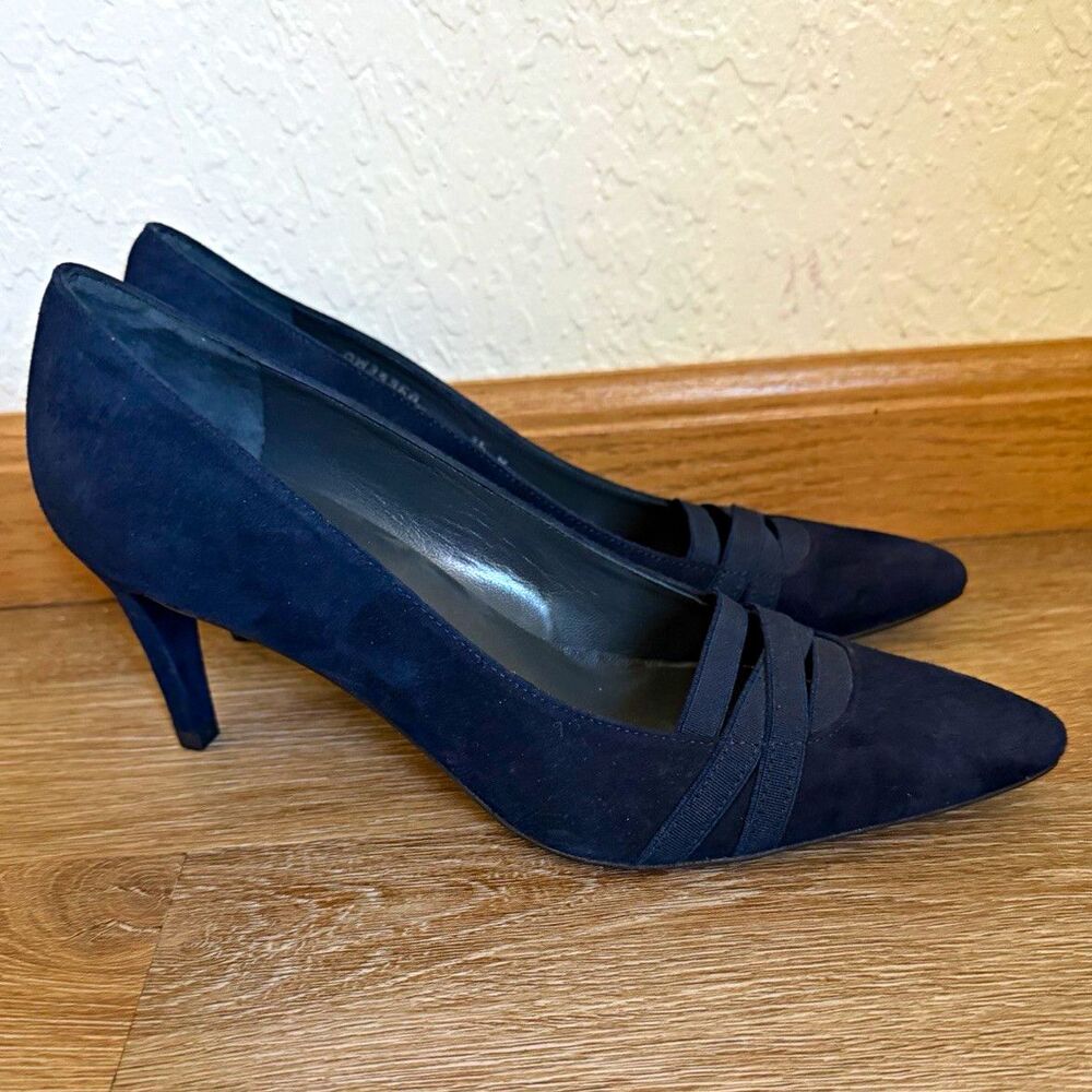 Stuart Weitzman Women’s Blue Suede Pointed Toe Pumps Strap Leather Sole Elastic